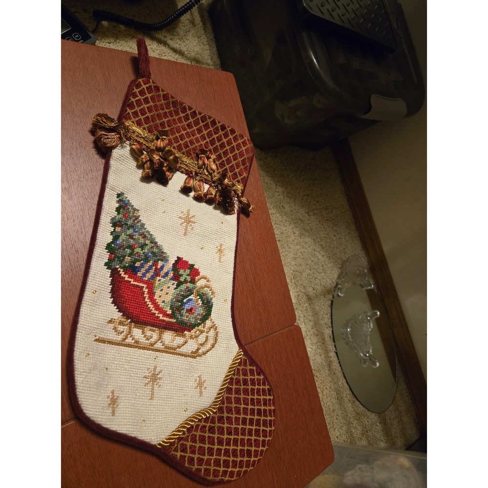 Vintage Needlepoint Christmas Stocking Burgundy Velvet Sleigh Tree Tassels